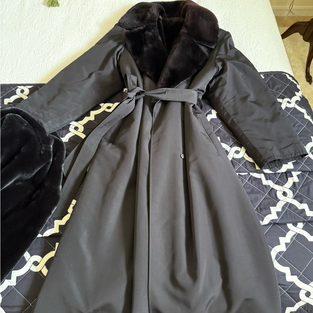 Elegant Black Nutra (real fur) lined silk rainCoat